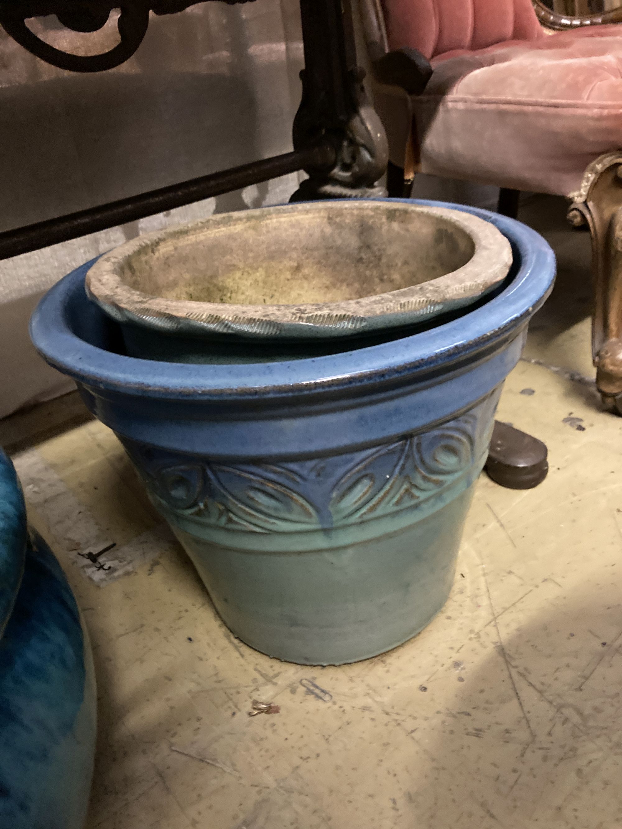 Four glazed earthenware garden planters, largest diameter 44cm height 26cm